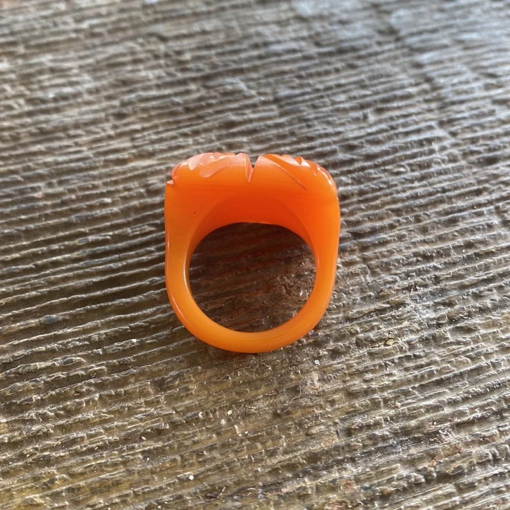 Vintage deeply carved Bakelite flower ring orange butter scotch egg yoke boho